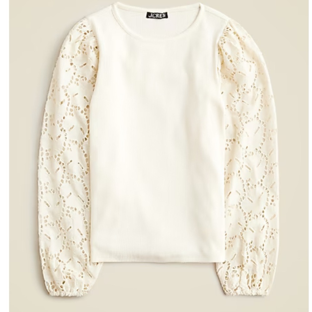 J Crew Vintage Rib Top with Poplin Eyelet Sleeves Large in ivory NWT